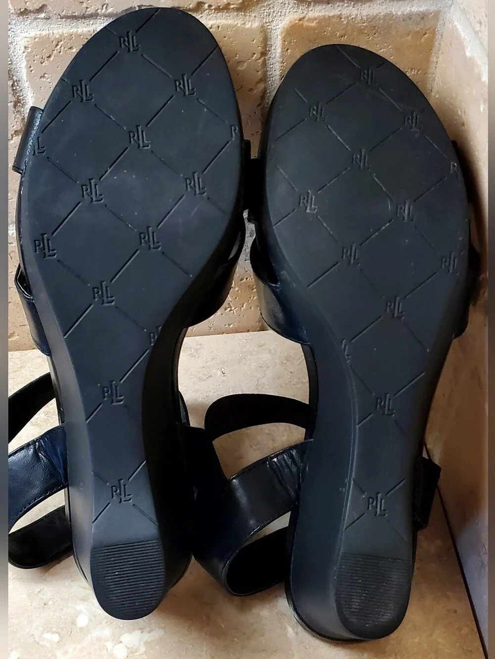 Lauren Ralph Lauren Black Leather Crisscross Wedge Sandals Size 8.5 M